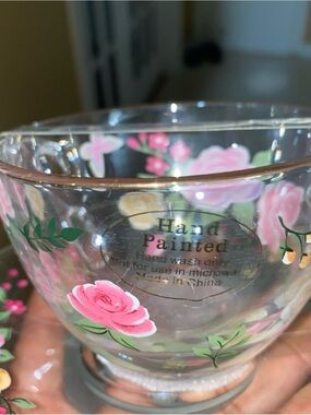 Hand Painted Floral Glass Tea Cup - Pink Roses sets of 2